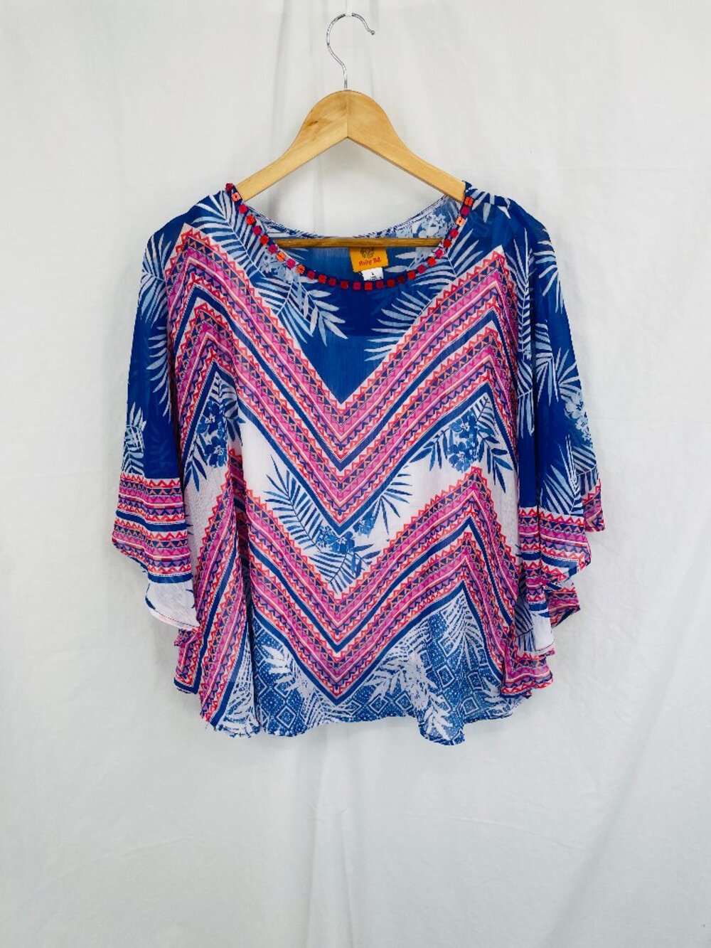 Vintage Ruby Rd. Blue Pink White Tropical Print V-Neck Poncho Blouse